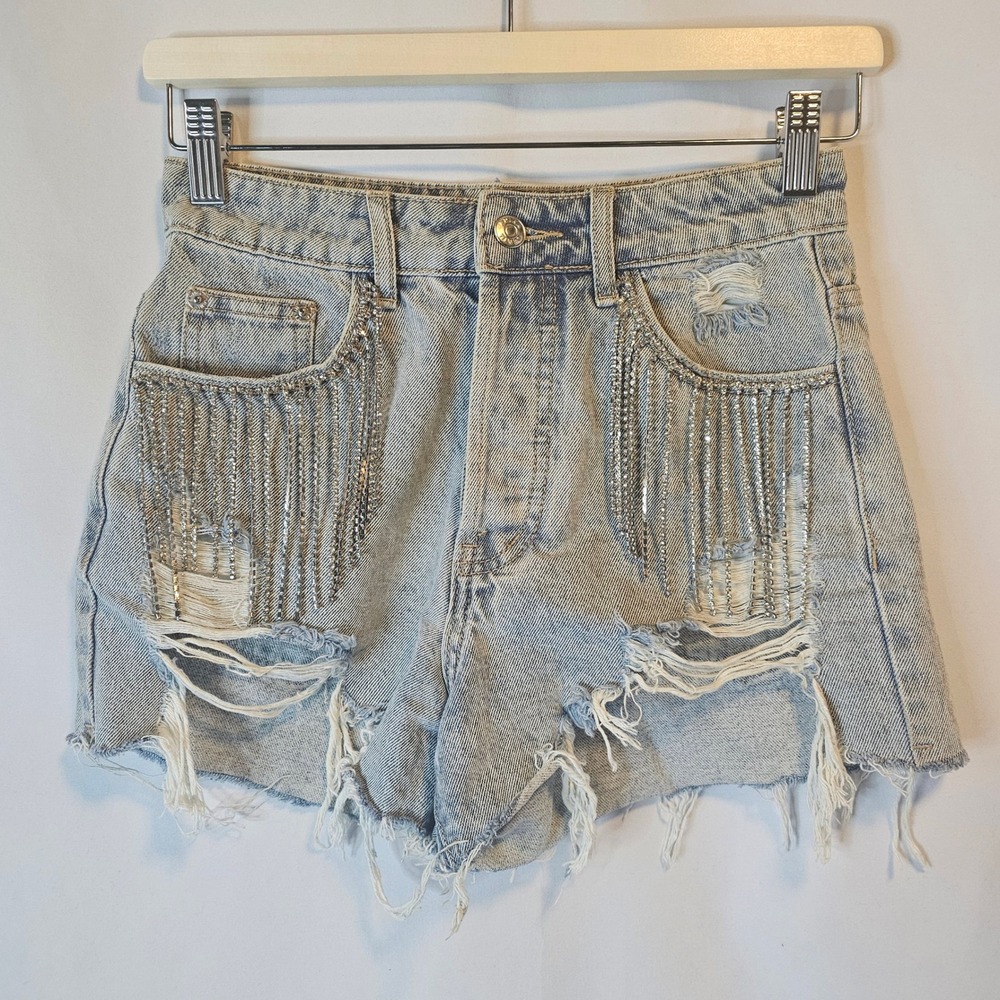 Adika Denim Shorts Women XS Light Blue Rhinestone Fringe Distressed Western Glam
